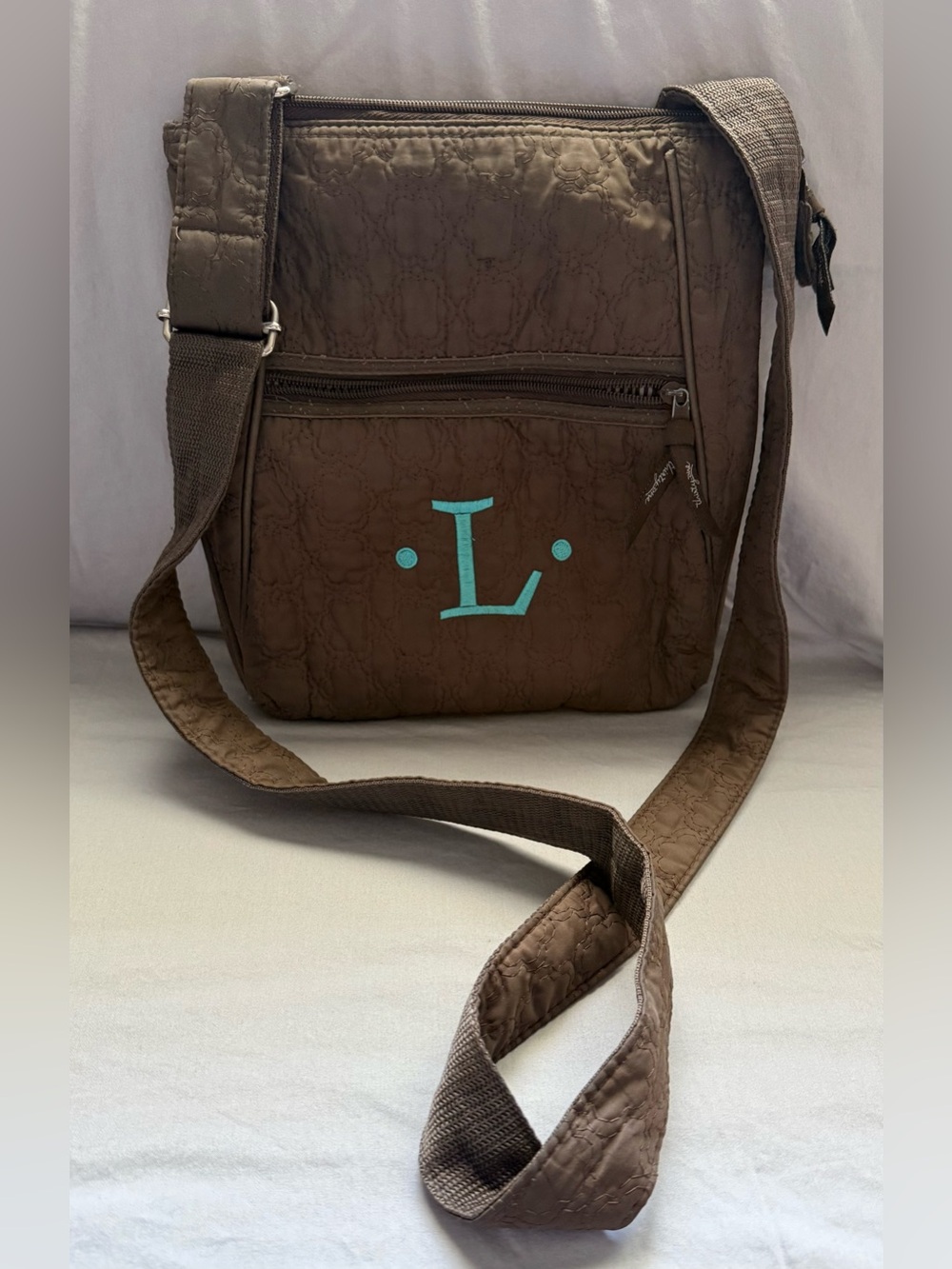 thirty-one Brown Messenger Bag with Aqua Monogram